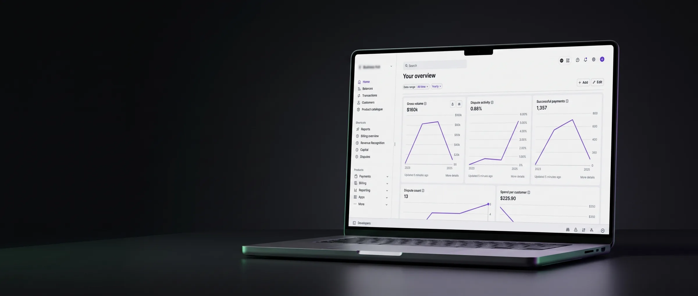 A laptop showing a Stripe payments overview dashboard with volume and revenue charts, an illustration of the payment infrastructure behind an established Stripe business.